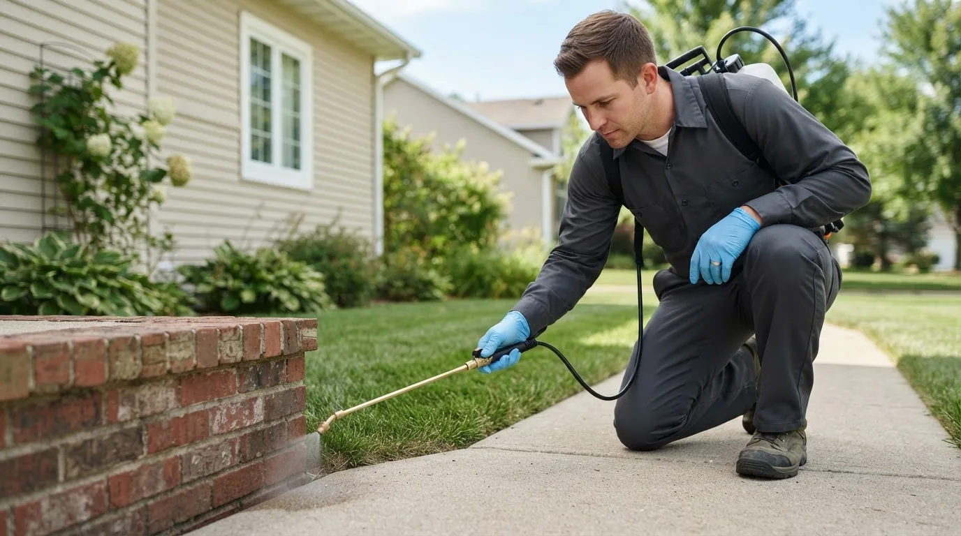Pest control technician treating a home near Coventry, CT